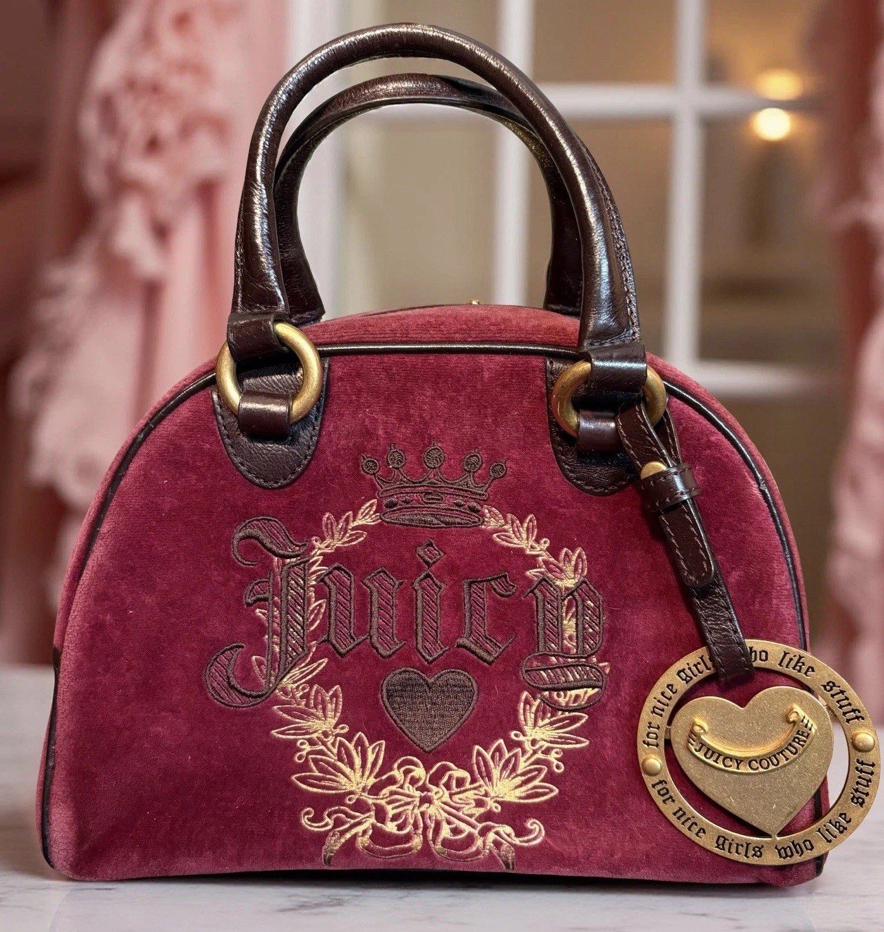Vintage Y2K Juicy Couture Burgundy Wine Red Velour Velvet Domed Doctor Satchel
