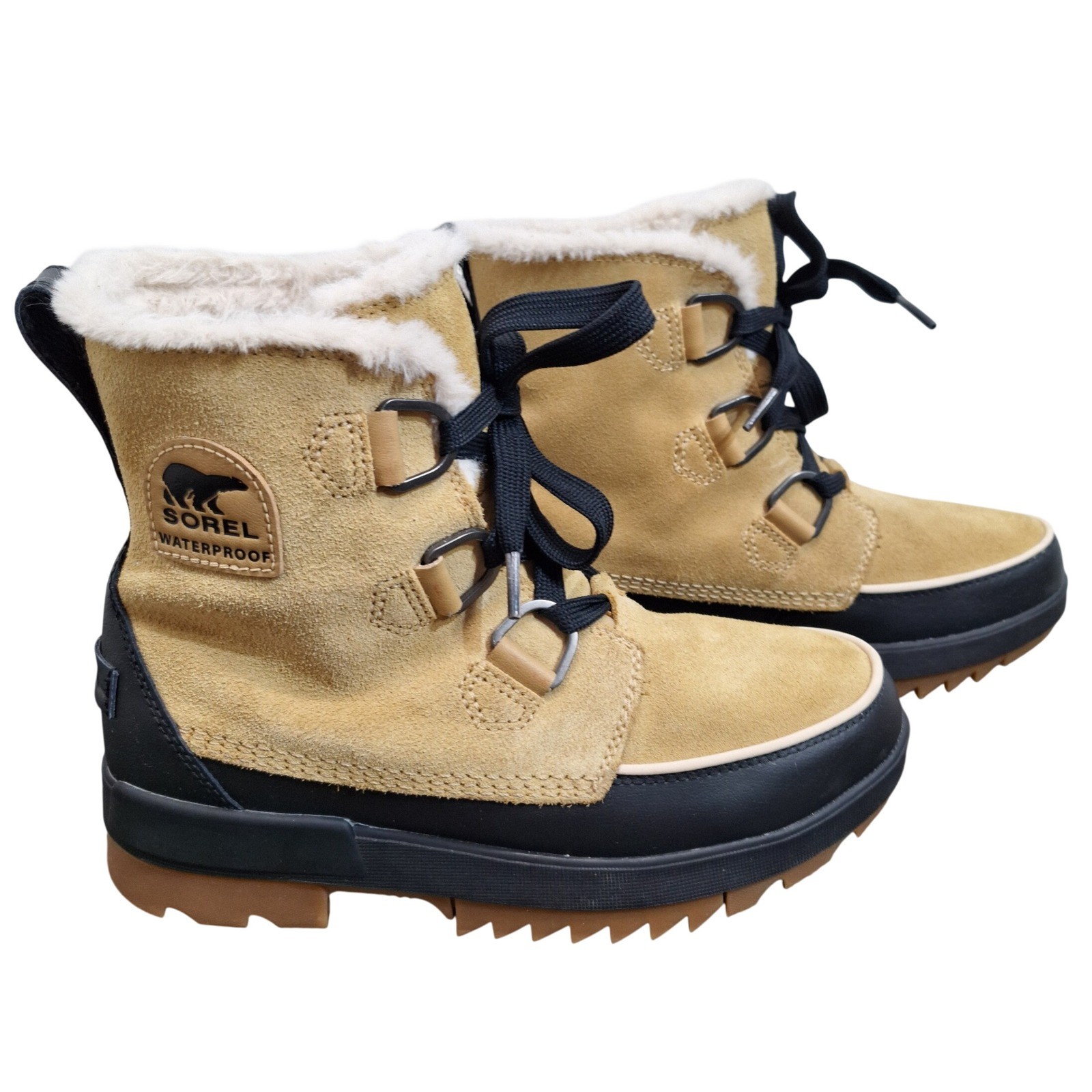 Sorel Tivoli IV Sz 9 Waterproof Winter Boots Tan Black Suede Faux Fur NL3425-373