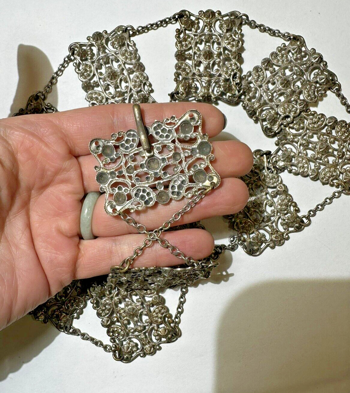 Antique Victorian Floral Etched Repousse Chantelaine Silver t Buckle 30.5″ Belt