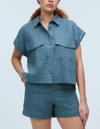 Madewell Flap-Pocket Button-Up Shirt 100% Linen mineral Green Cropped Casual XXL