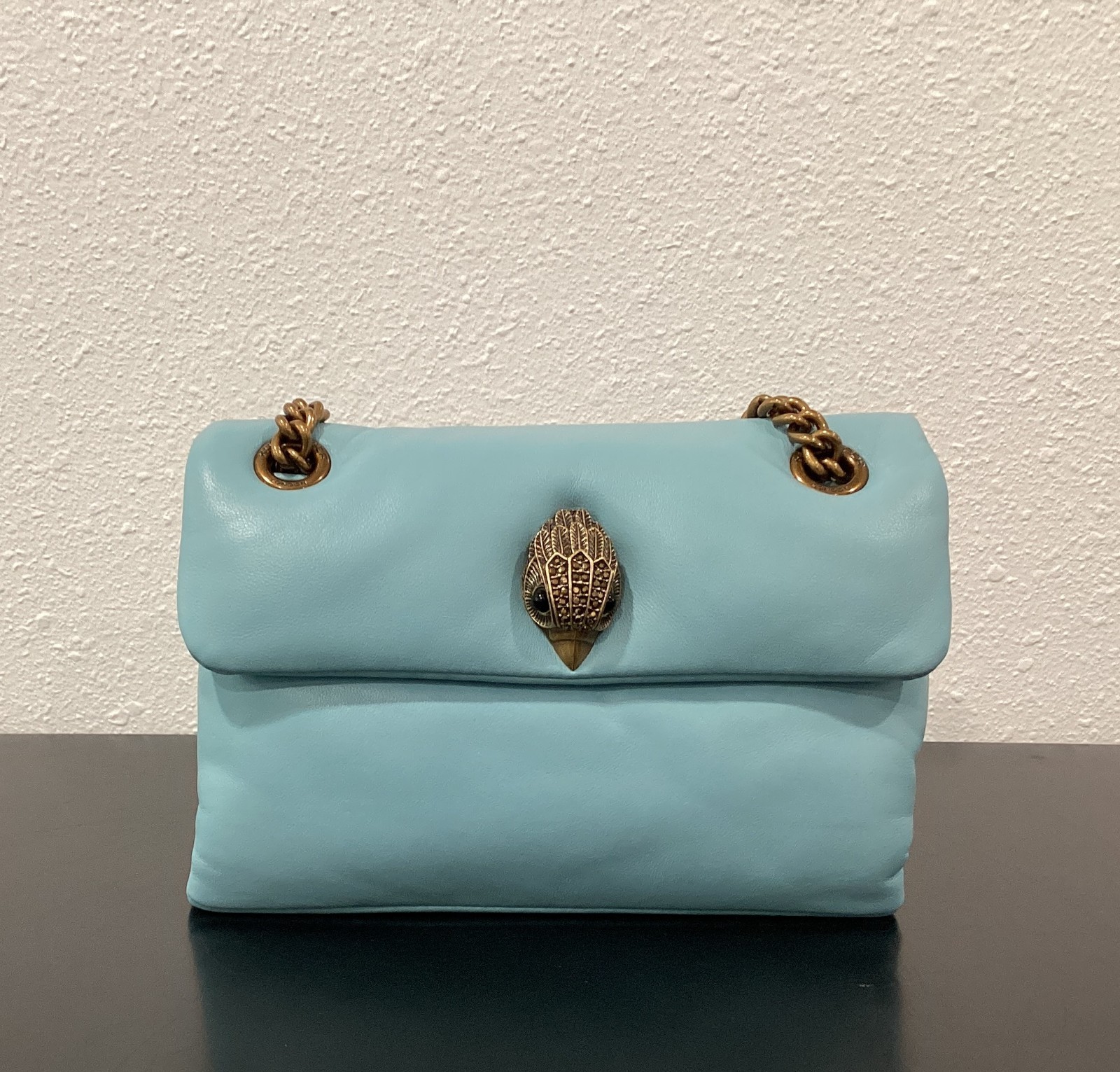 Kurt Geiger Mini Kew 7.75″ x 5″ x 2.5″ Soft Leather Mid Blue Antique Brass New