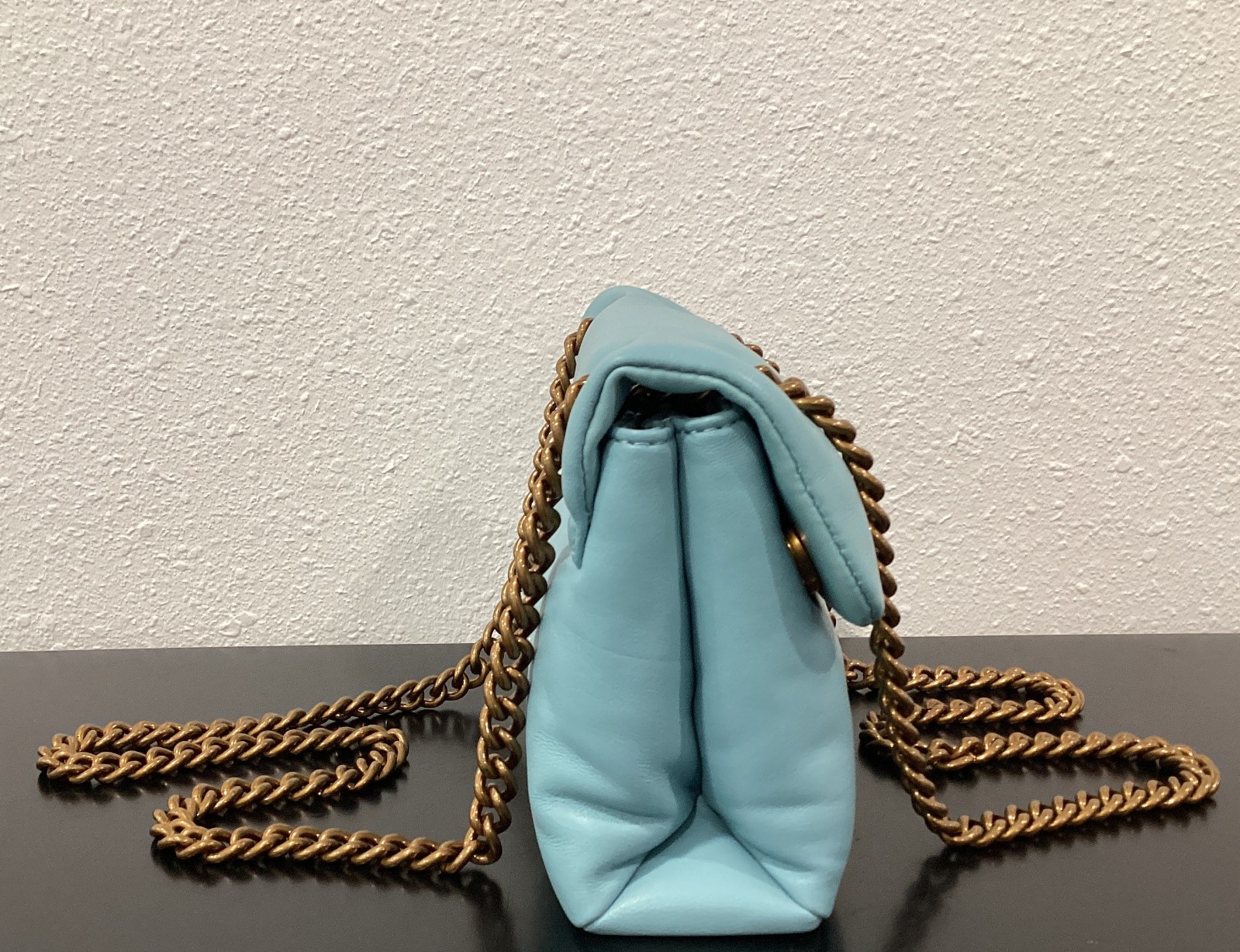 Kurt Geiger Mini Kew 7.75″ x 5″ x 2.5″ Soft Leather Mid Blue Antique Brass New