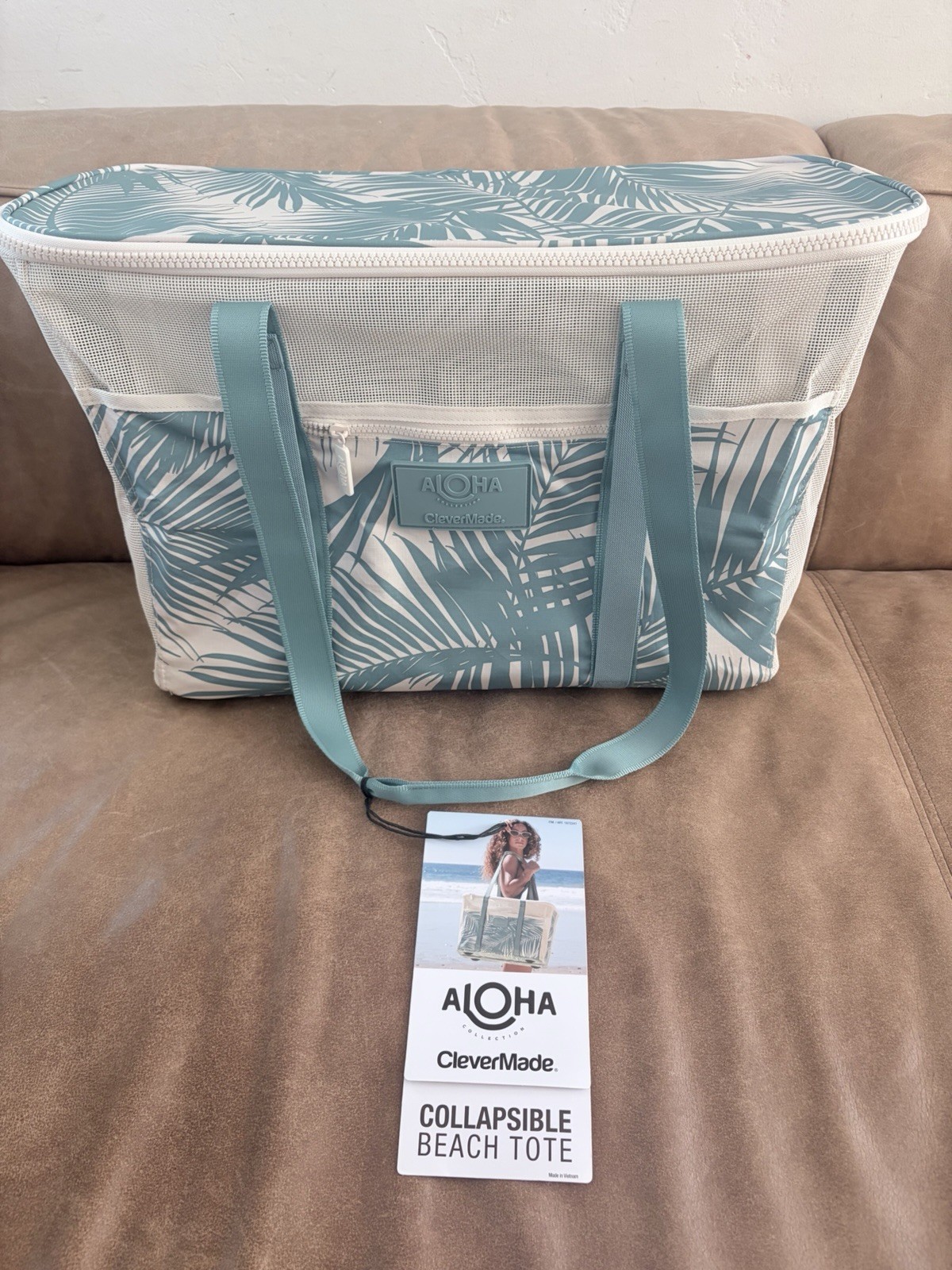 ALOHA Collection CleverMade Collapsible Beach Tote palm teal green NWT beach bag