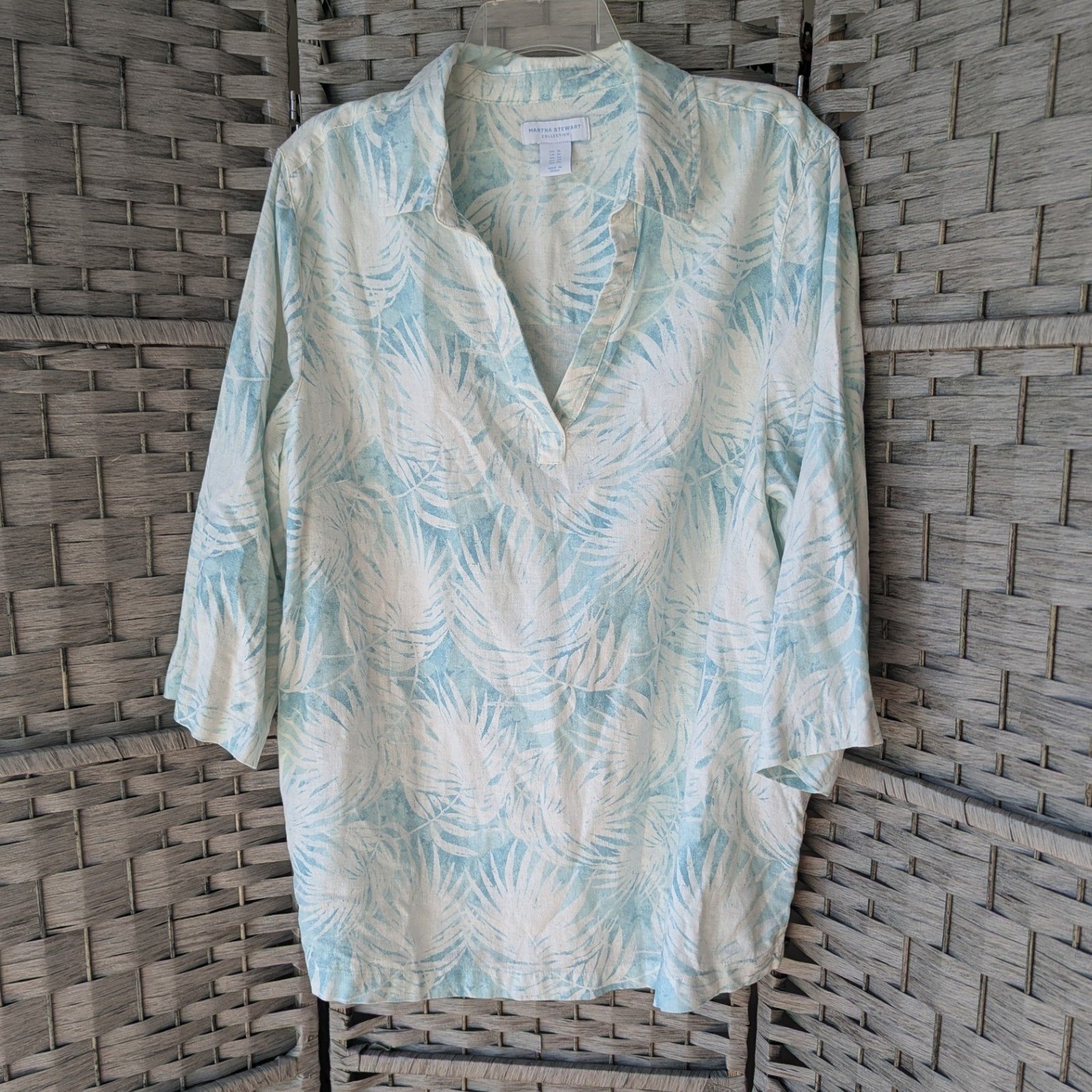 Martha Stewart Light Blue White Palm Print Linen Blend Tunic Top 1X Resortwear