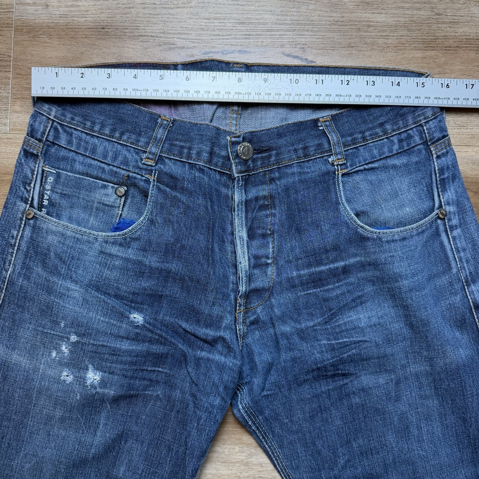 G-Star RAW Jeans Men 31×32 Blue Straight Leg Dark Wash Denim Distress Button Fly