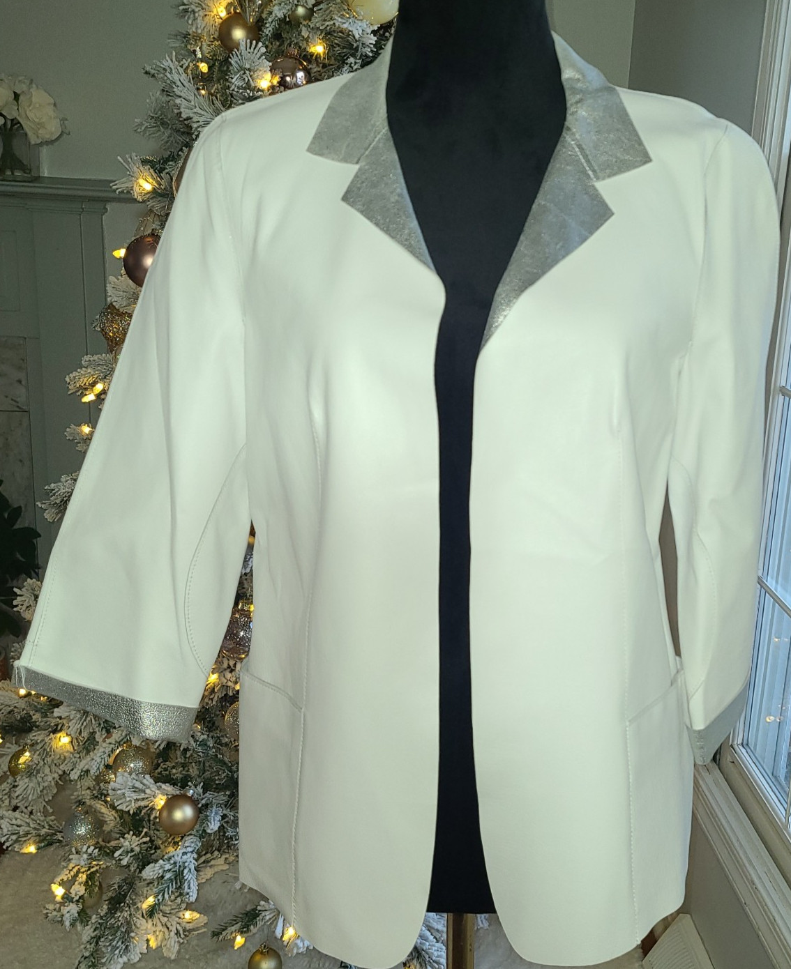Faux Leather LtWt Blazer White Metallic Jacket Size Med Open Front Disco Classy
