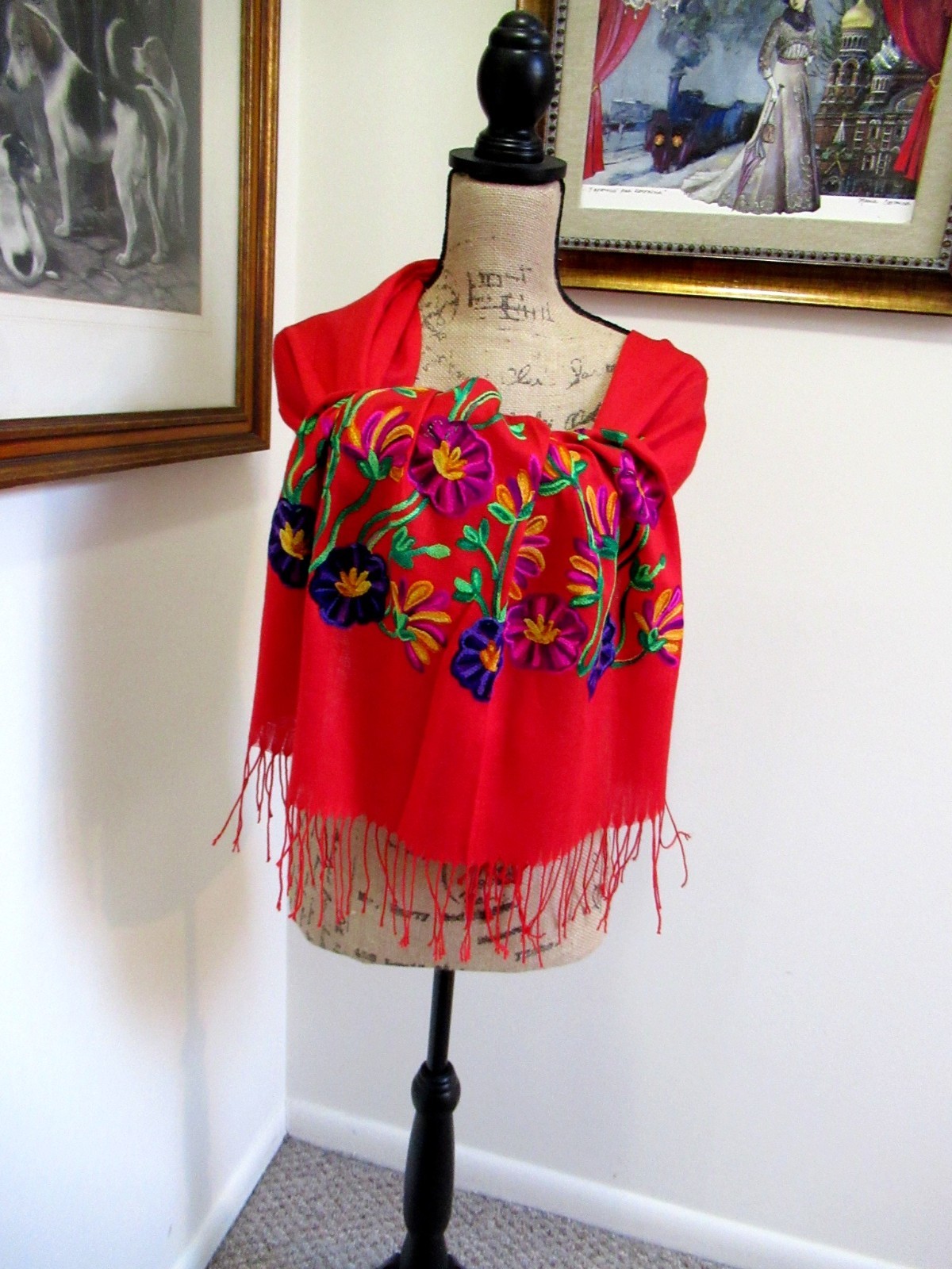MEXICAN EMBROIDERED SOFT FRINGED SHAWL REBOZO WRAP 76 X 28 – MADE in MEXICO