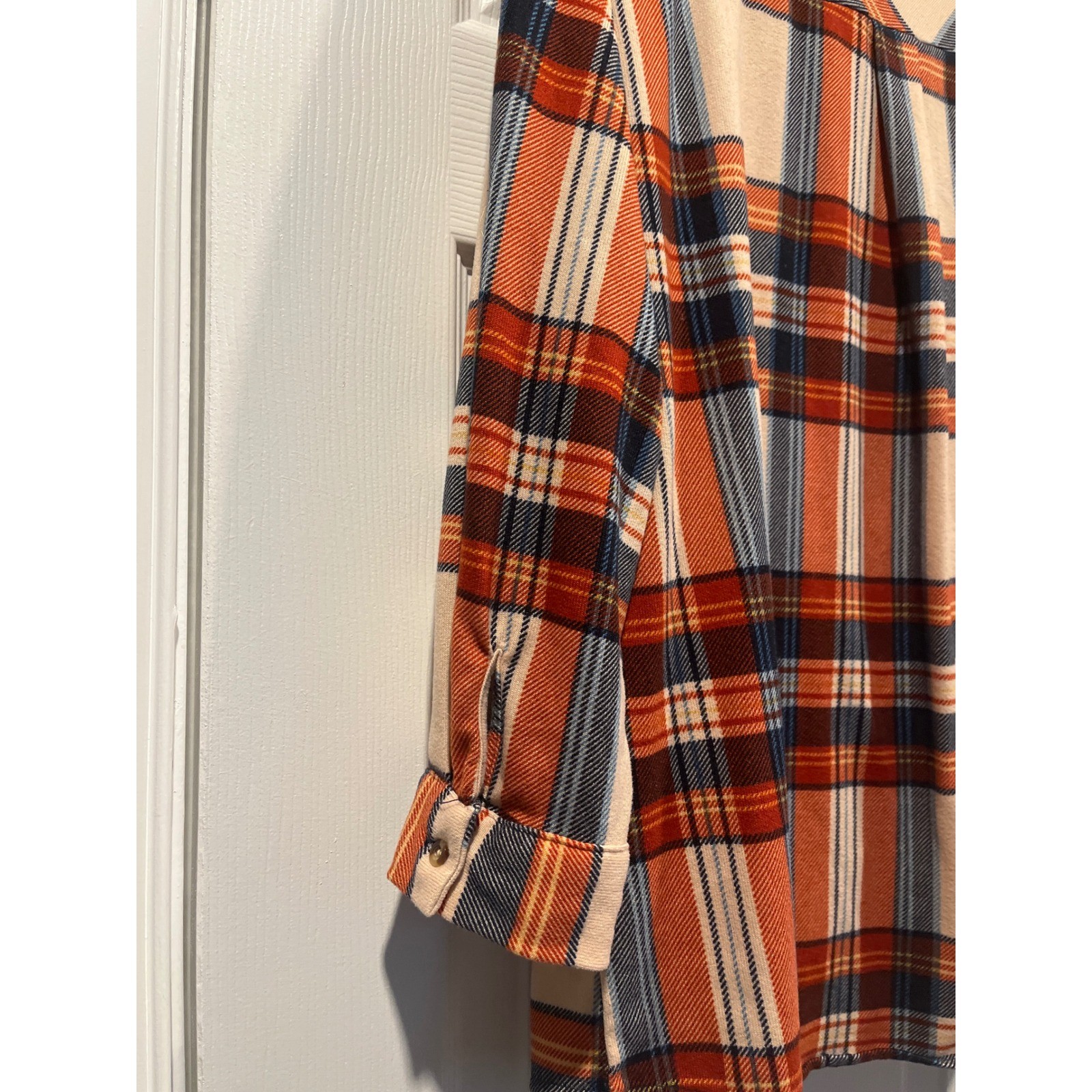 Eden And Olivia Orange Navy Blue Plaid Button Down Shirt Womens Large Size L