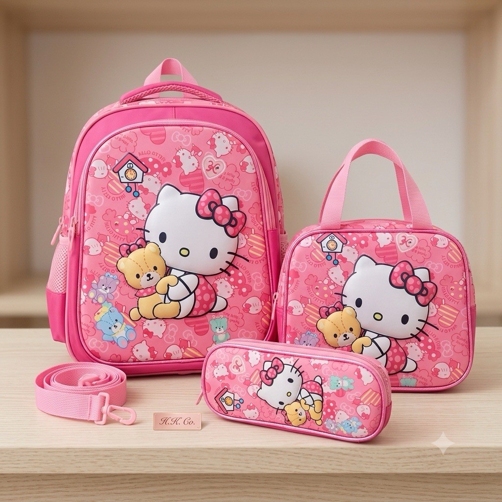 Hello Kitty Large Pink Polyester Backpack Set, Zip, Bottle Pocket, Lunch Bag