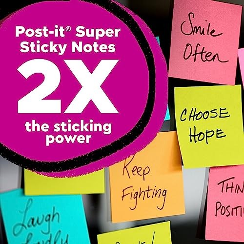 Post-it Super Sticky Notes, 3×3 in, 3 Pads, 2x the Sticking Power, Bright Color