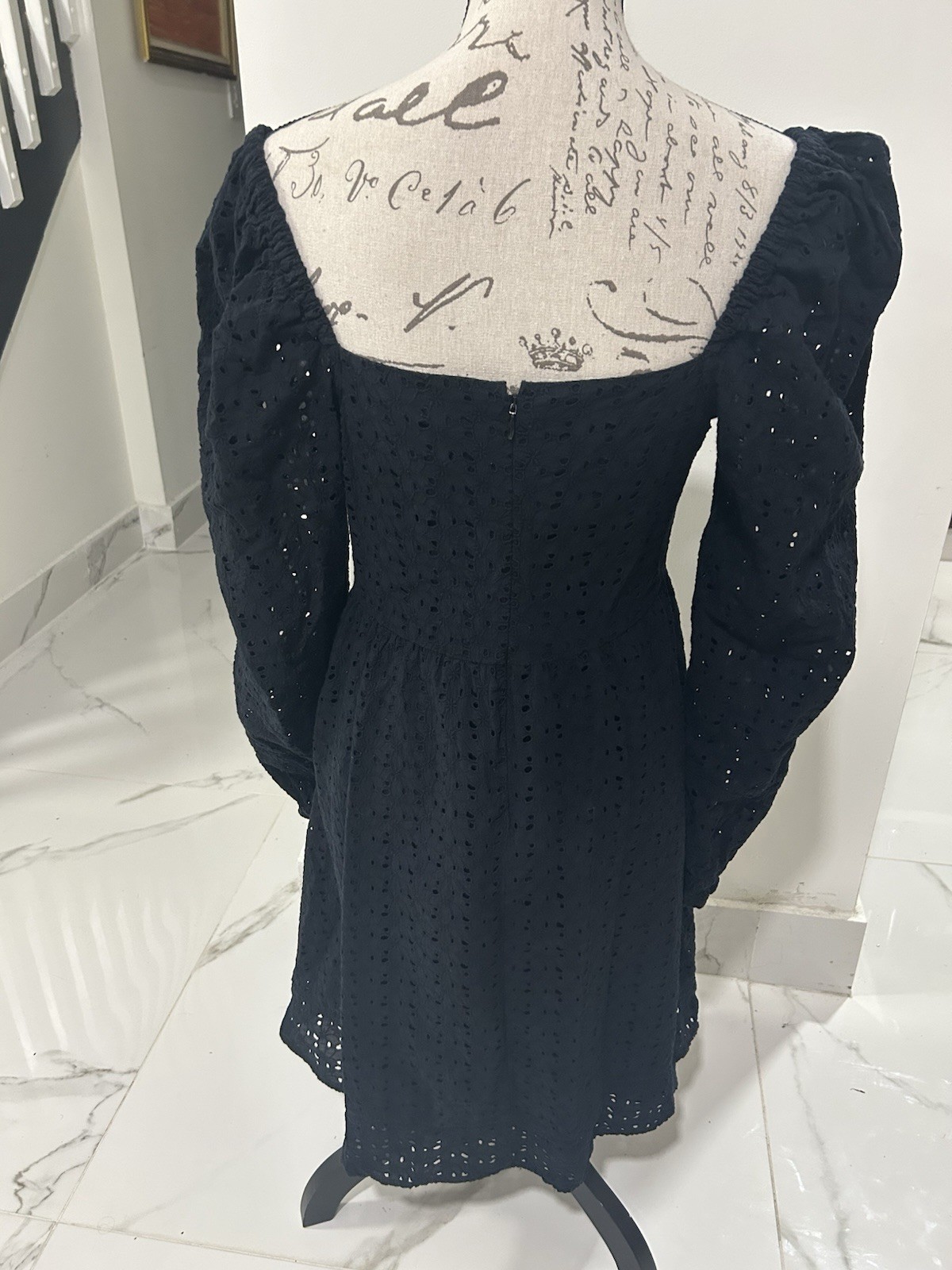 Chelsea28 Black Eyelet Sweetheart Puff Long Sleeve Mini Dress Lined S