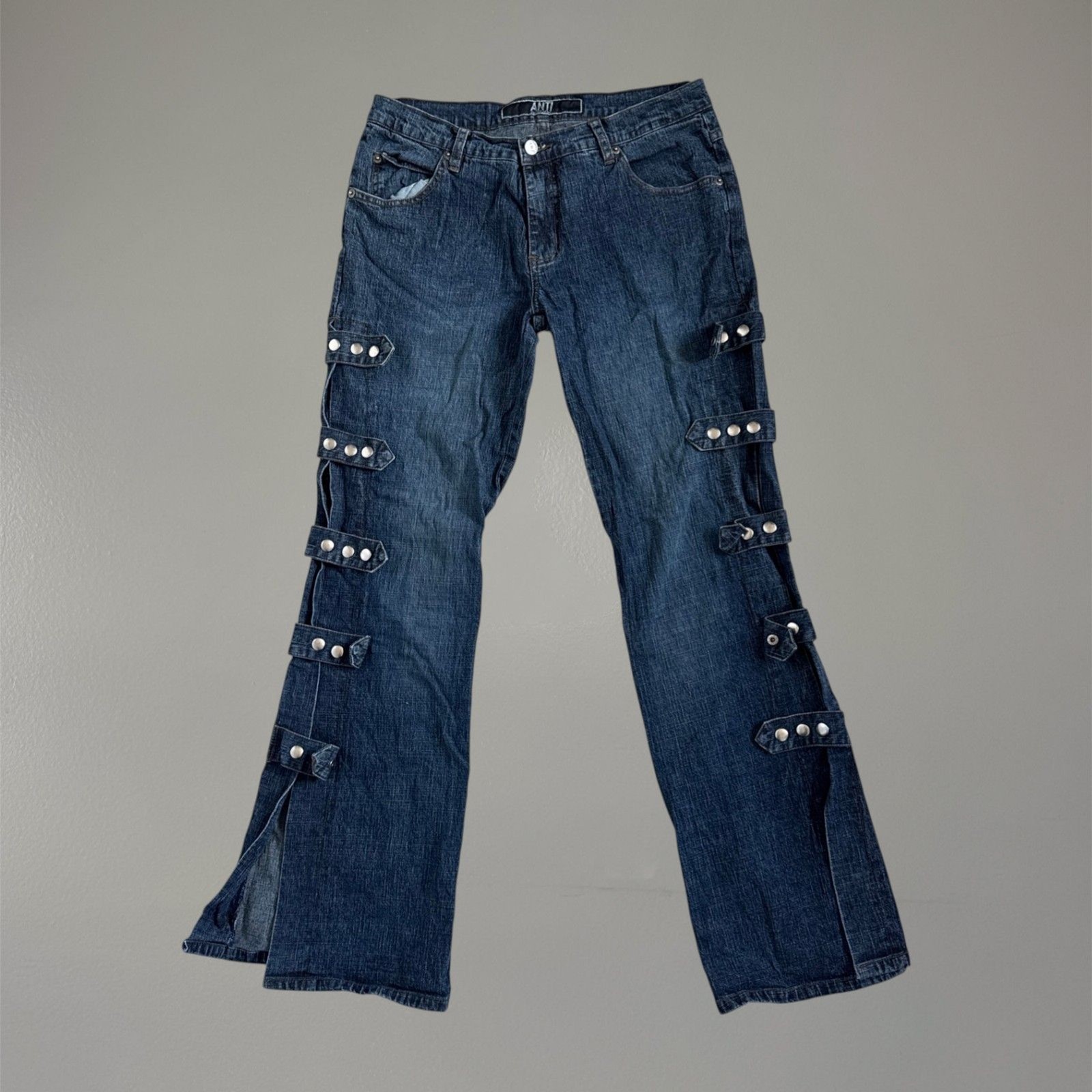 Vintage Buckle Up Side Split Leg Anti Flare Y2K Dark Wash Jeans Sz 11