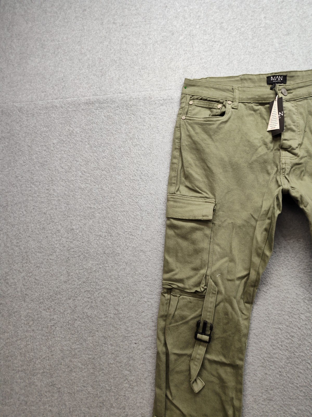 Boohooman Men Cargo Pant 34 Olive Green Utility Workwear Strappy Buckle Pockets