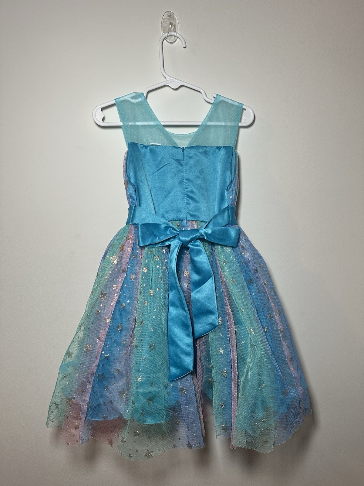 5T/5Y Elegant Sheer Rainbow Tulle Dress With Bows And Gold Stars For Girls