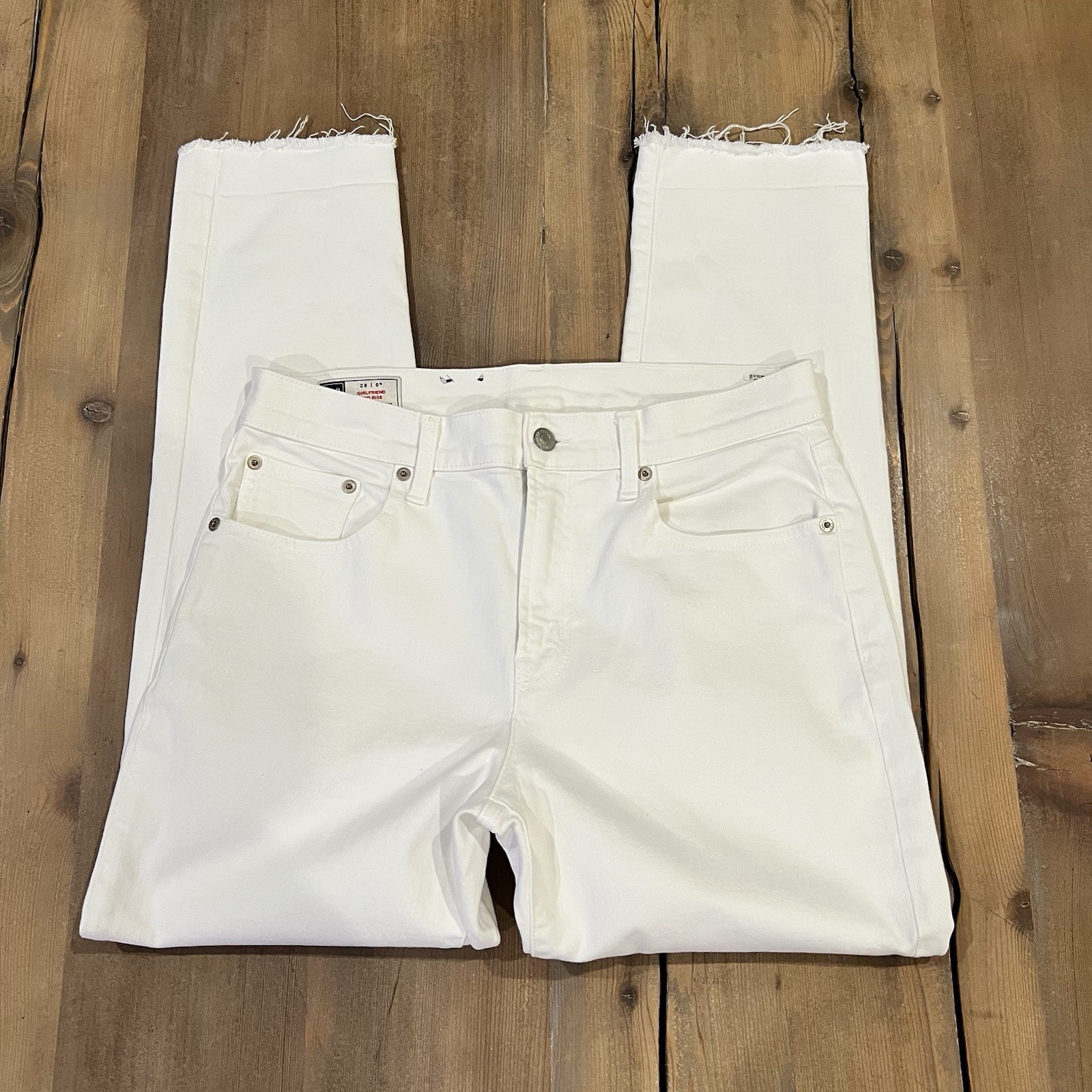 Gap Girlfriend Mid Rise Optic White Stretch Denim Raw Hem Jeans Size 28 Or 6R