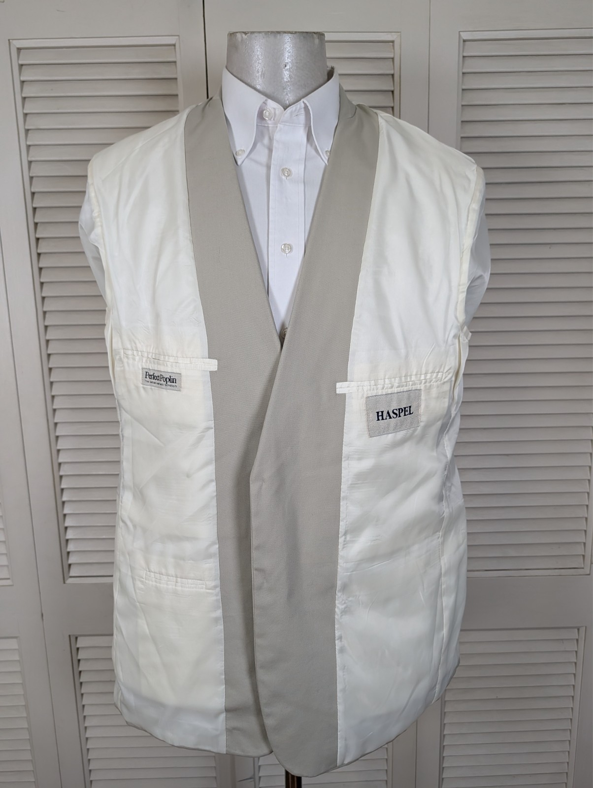Haspel Perfect Poplin 2 Piece Suit Mens 44R Pants 32×33 Solid Beige Cream Cotton