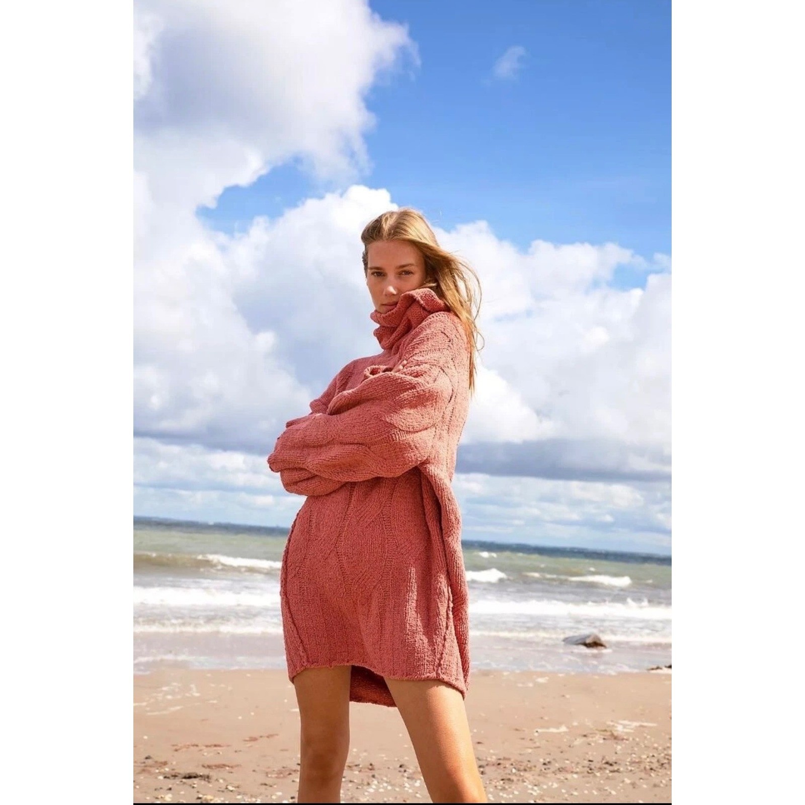 Free People My Only Sunshine Oversized Cable Knit Sweater Rose Pink Cowl Neck XS