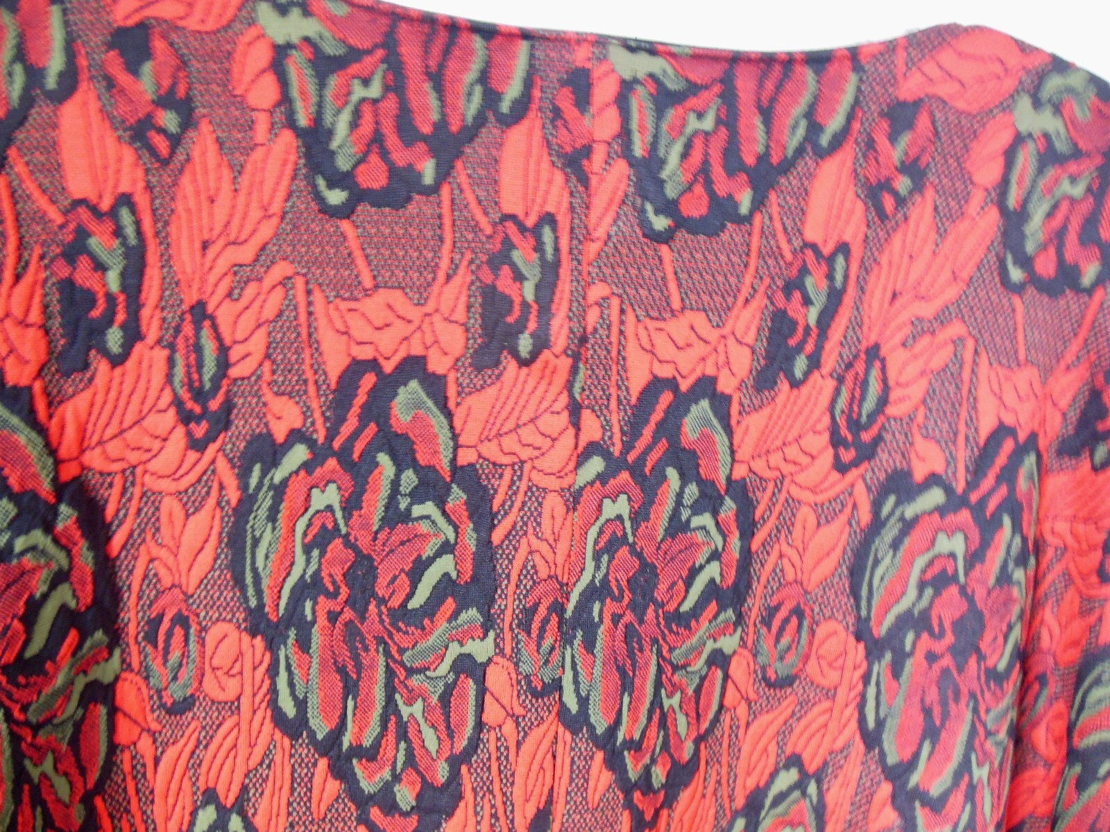 Natori Kimono Jacket sz 2X 3X Long Open Red Oversized Floral Jacquard Reversible