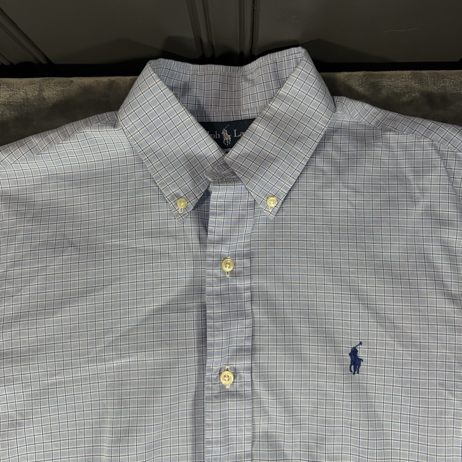 Ralph Lauren Long Sleeve Checked Button Up Shirt Mens 15.5 34/35 Custom Fit Blue