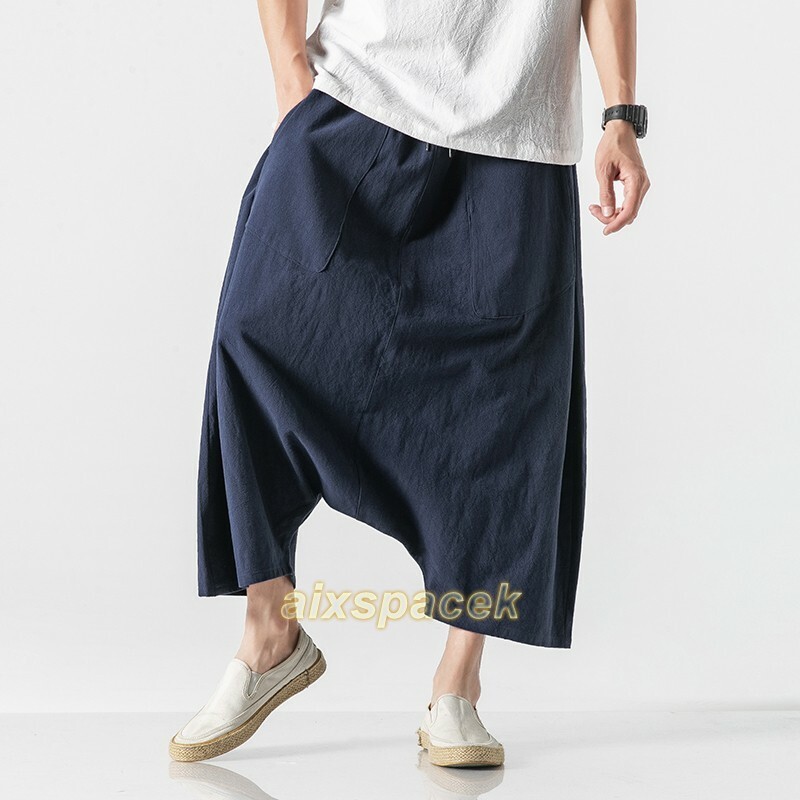 Summer Men’s Cotton Linen Drop Crotch Baggy Big Fork Pants Trouser Chinese