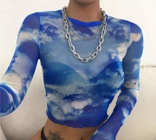 Sheer Blue skies Clouds Mesh Top long sleeve shirt funky 90s trendy see through