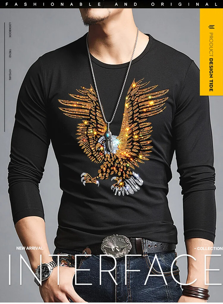 Fashion Trend Eagle Rhinestones Streetwear Long Sleeve Luxury Men V-Neck T-Shirt