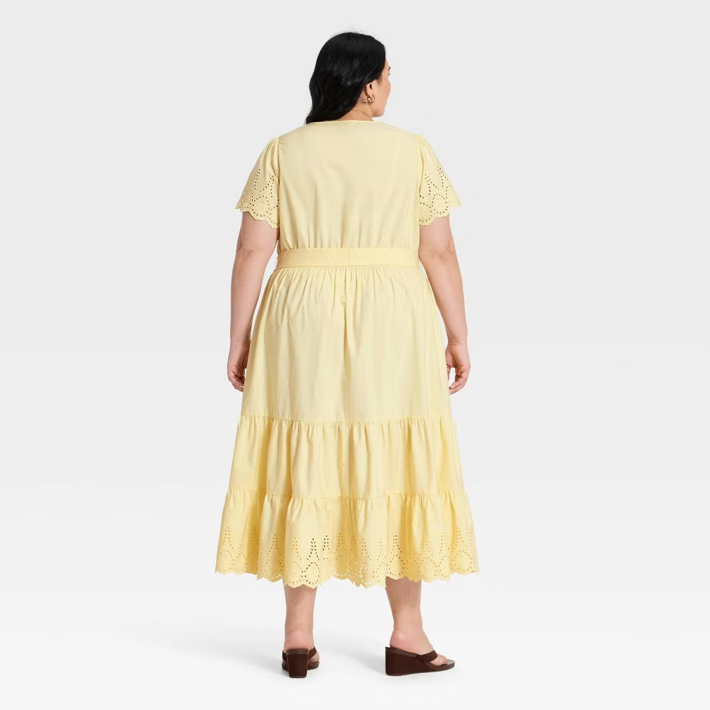 Women Short Flutter Sleeve V-Neck Front Tiered Eyelet Midi Dress – Ava