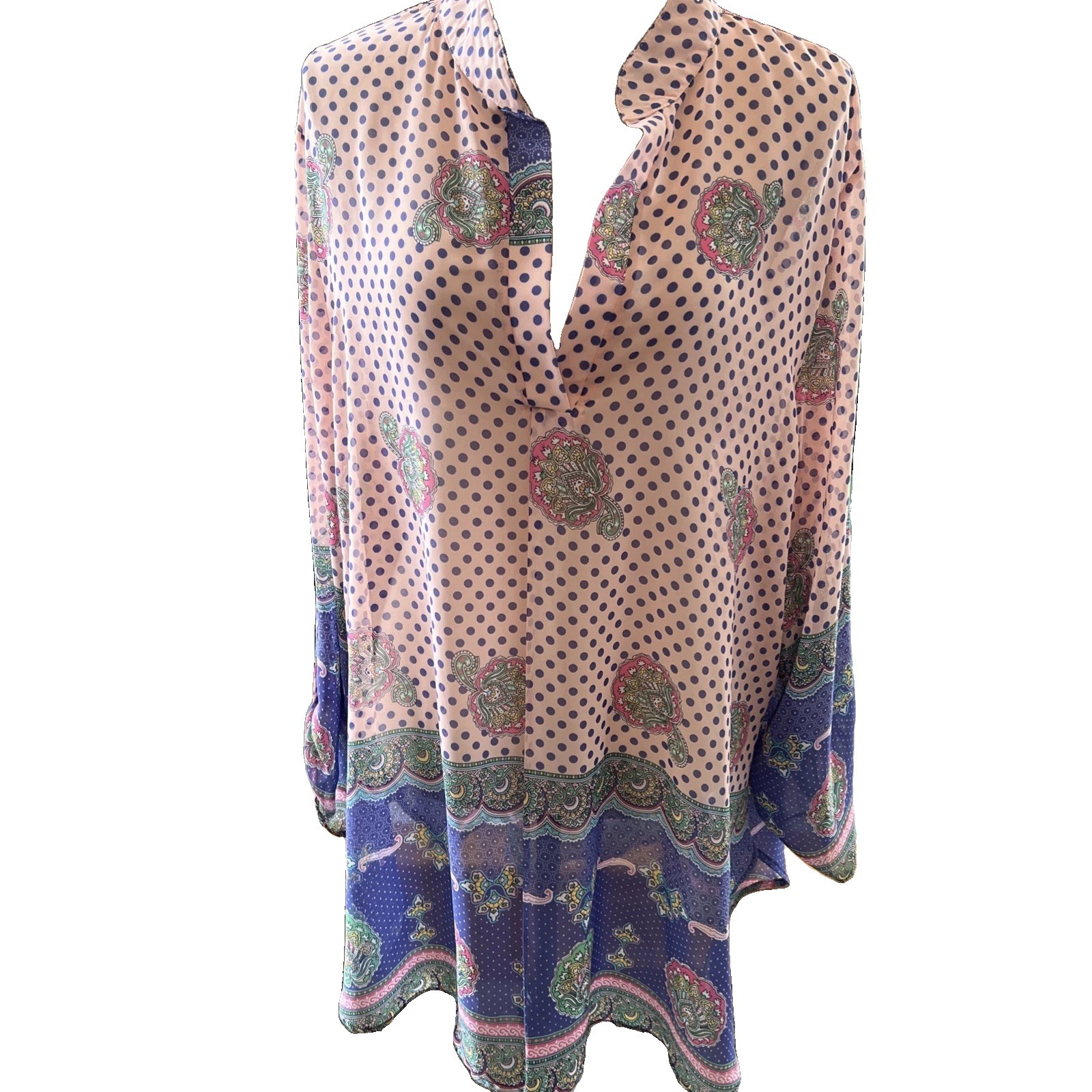 Auditions 3XL Multicolor Tunic Top Pullover Semi Sheer Roll Tab Slvs V Neck Poly