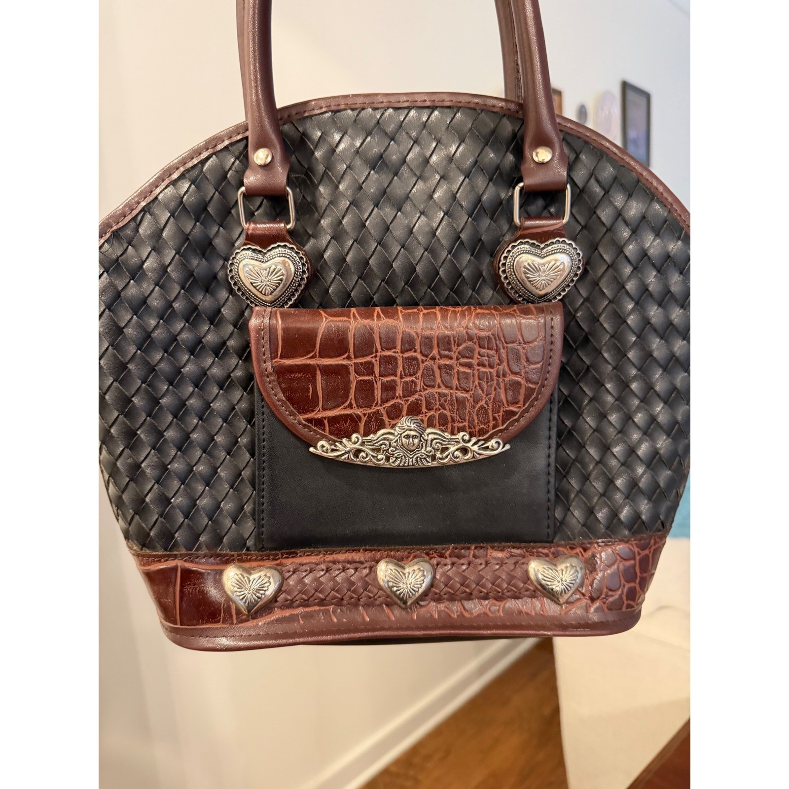 Western Woven Leather Satchel Handbag Black Brown Croc Heart Concho Dome Bag