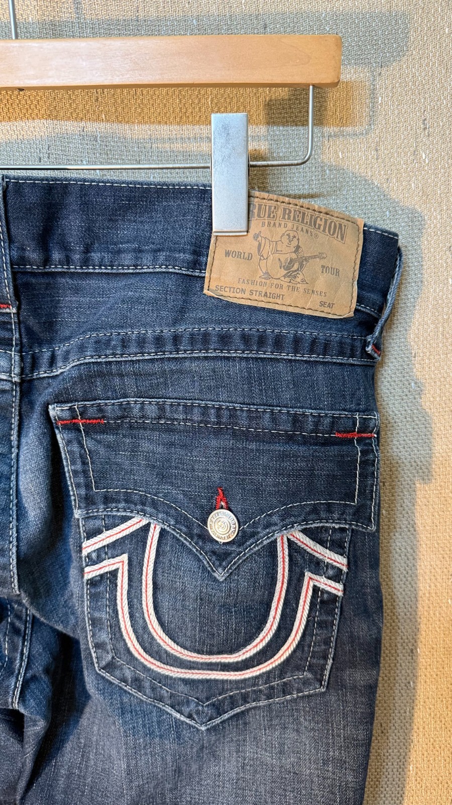 True Religion Straight Flap Red Stitch Dark Wash Jeans Mens 36×27