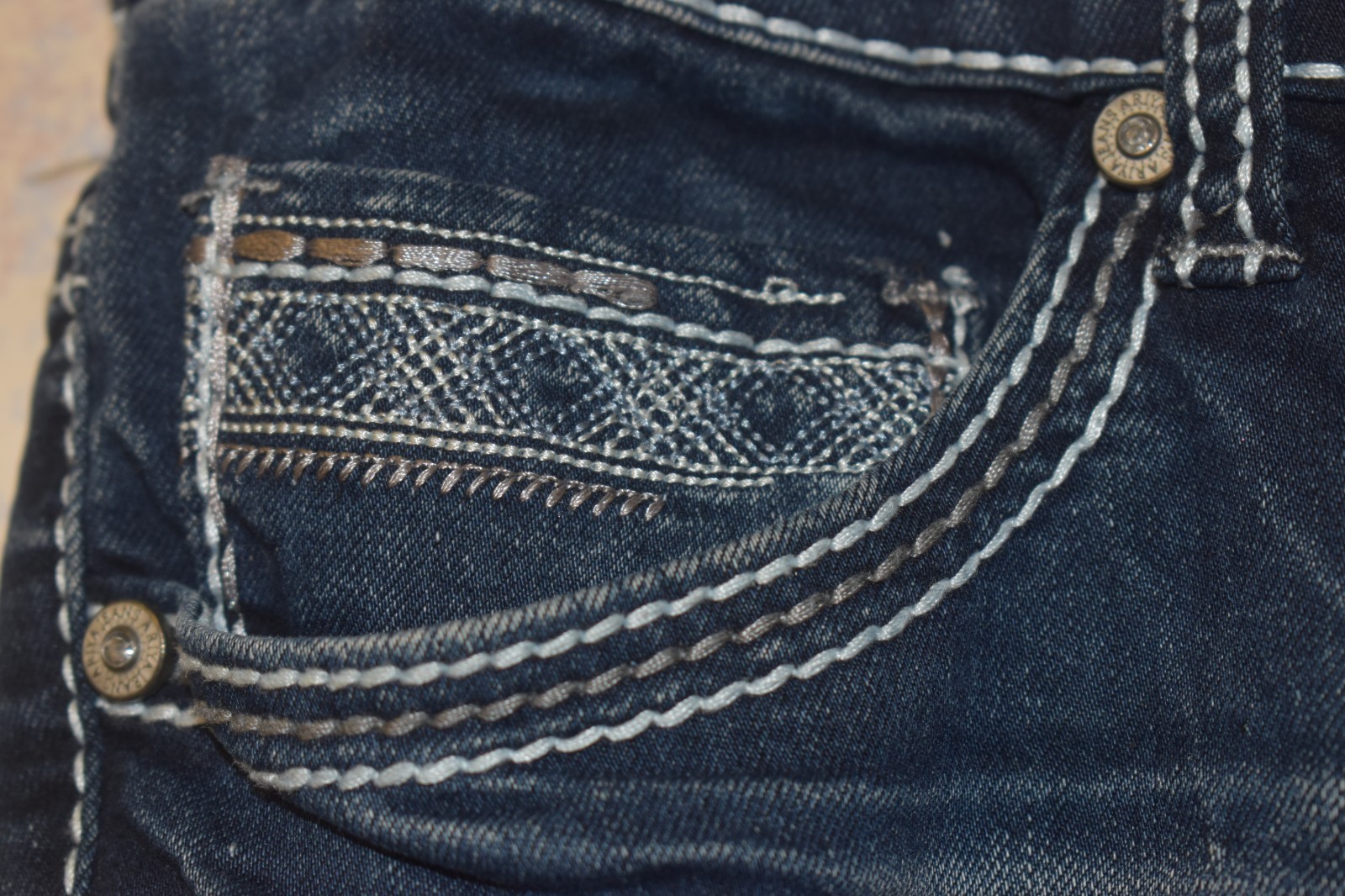 (B-C) Ariya® Stretch Denim Distressed Embroidered Low Rise Skinny Jeans- Size 14