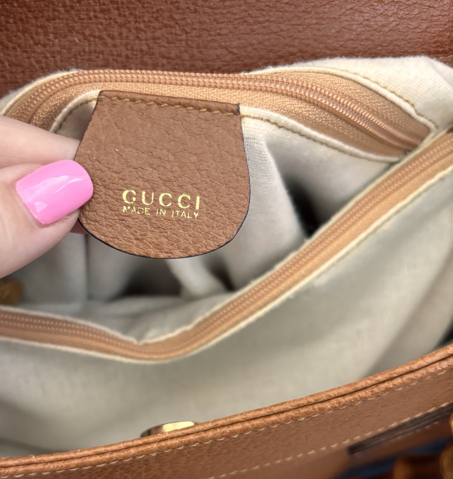 Gucci Brown Pebbled Bamboo Top Handle Tote, Zip/Push Lock, Gold Hardware