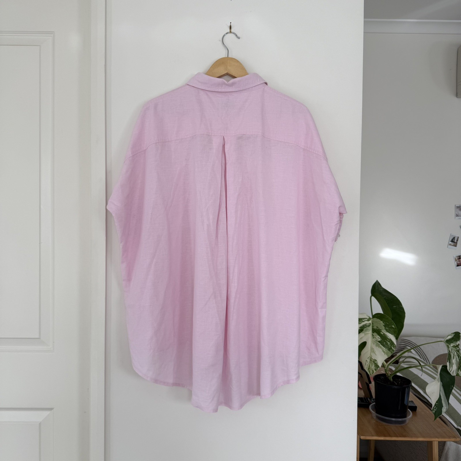 SNDYS pink linen blend button up shirt