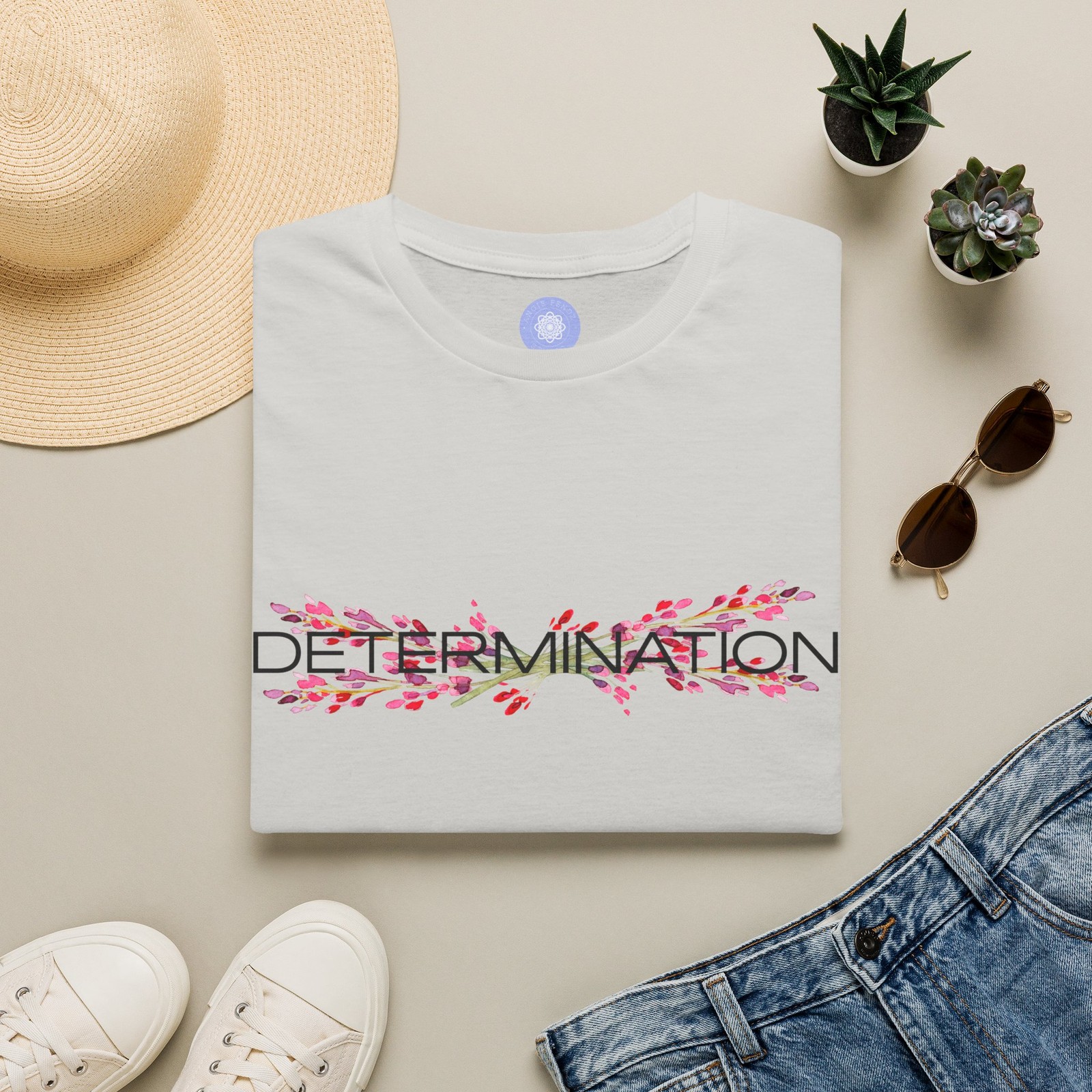 “Determination” floral script T-Shirt | Inspirational word tee