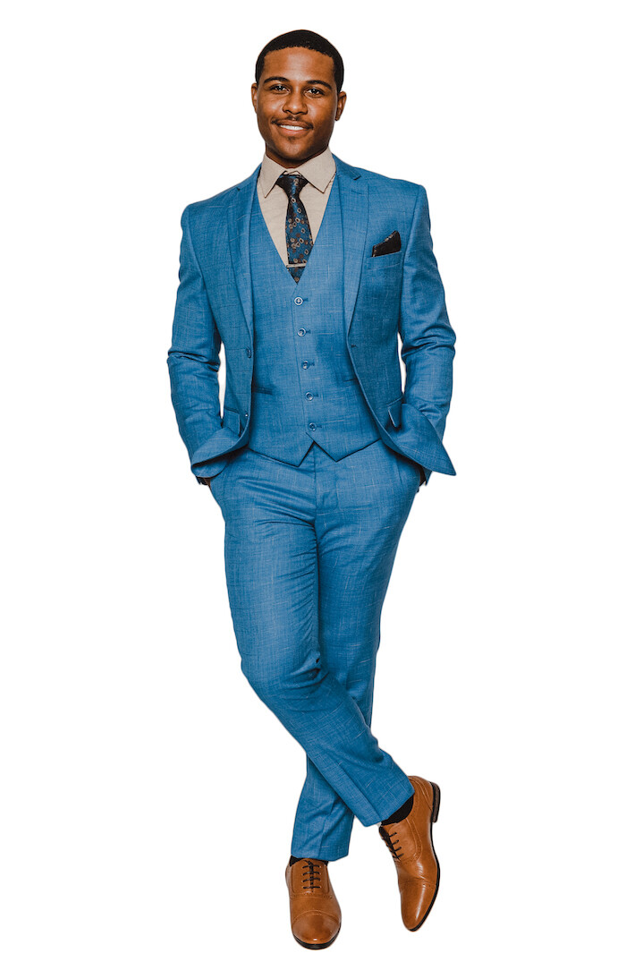 Slim Fit Blue Windowpane 2 Button 3 Piece Vested Notch Lapel Suit By AZARMAN NEW
