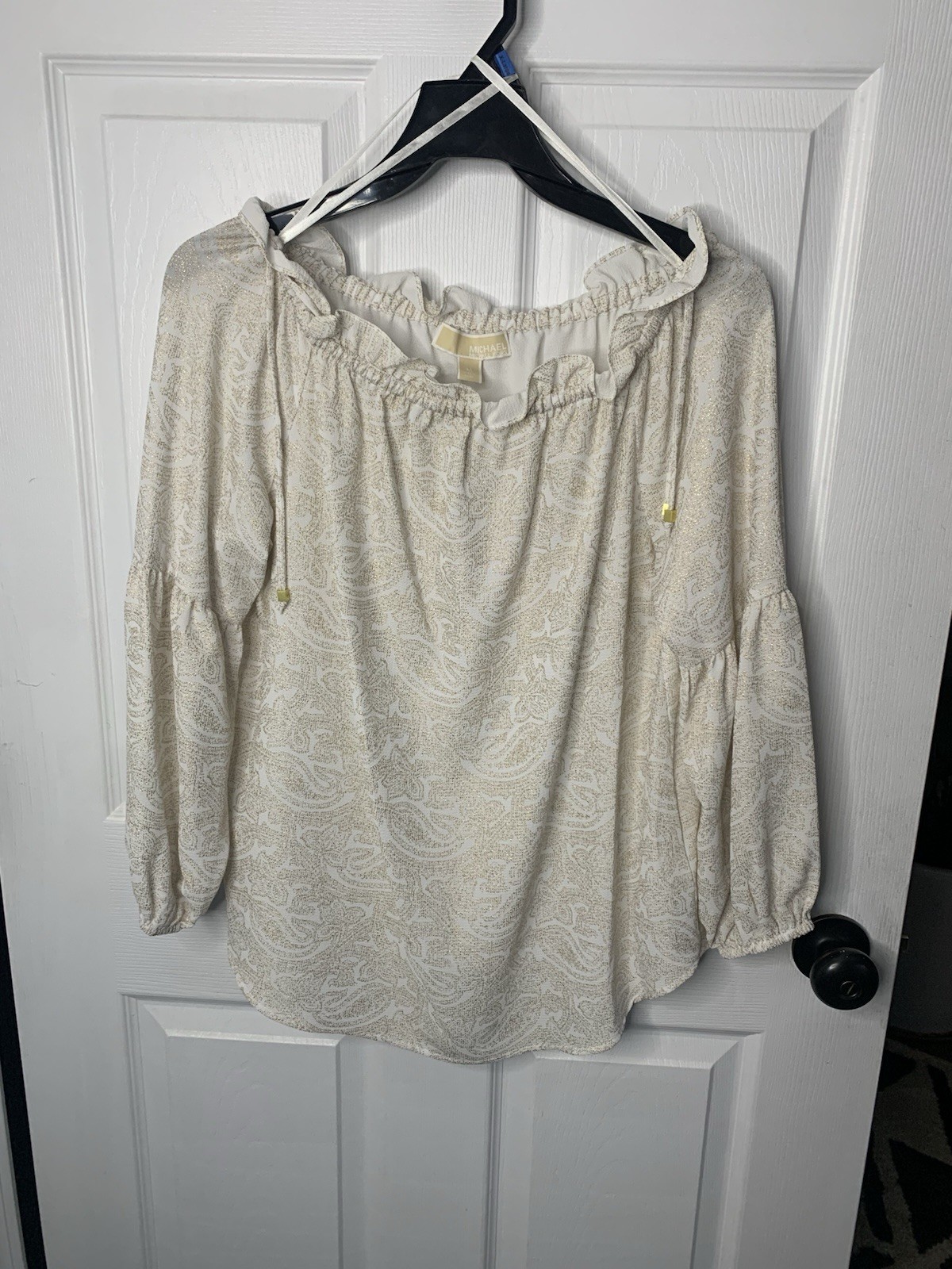 Michael Michael Kors Off-Shoulder Paisley Ruffle Knit Blouse M White Gold