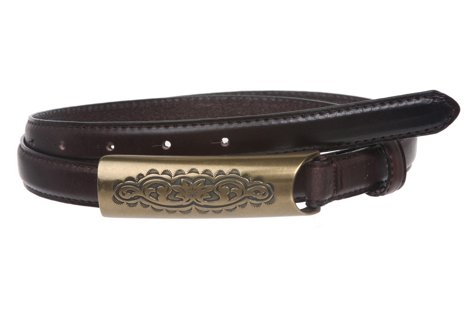 3/4 Inch (19mm) Embossed Rectangular Feather Edged Skinny Stitch Leather Belt
