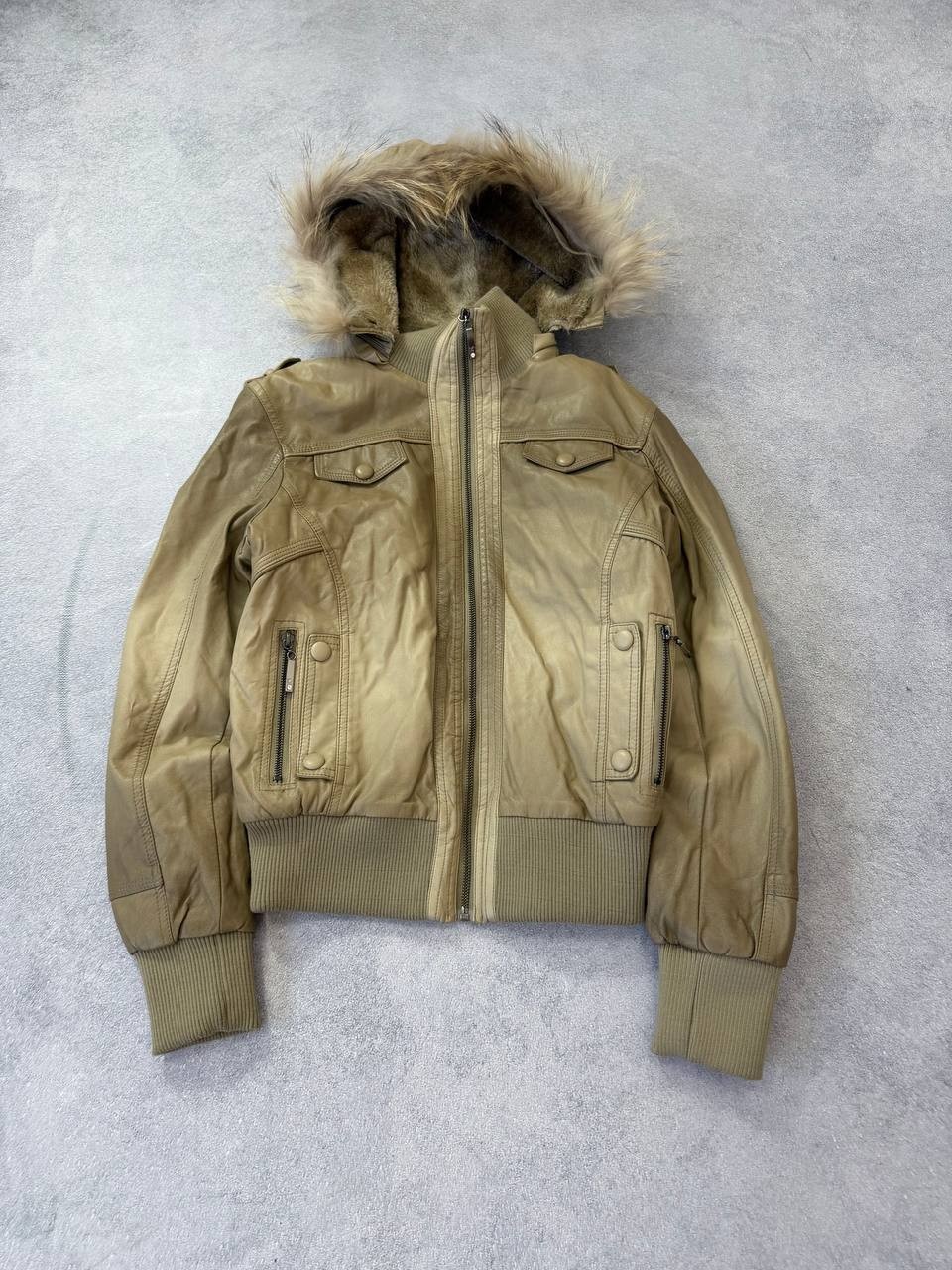 Vintage Leather Jacket Fur Collar Zip Slim Fit Y2K Minimalist Rare Style