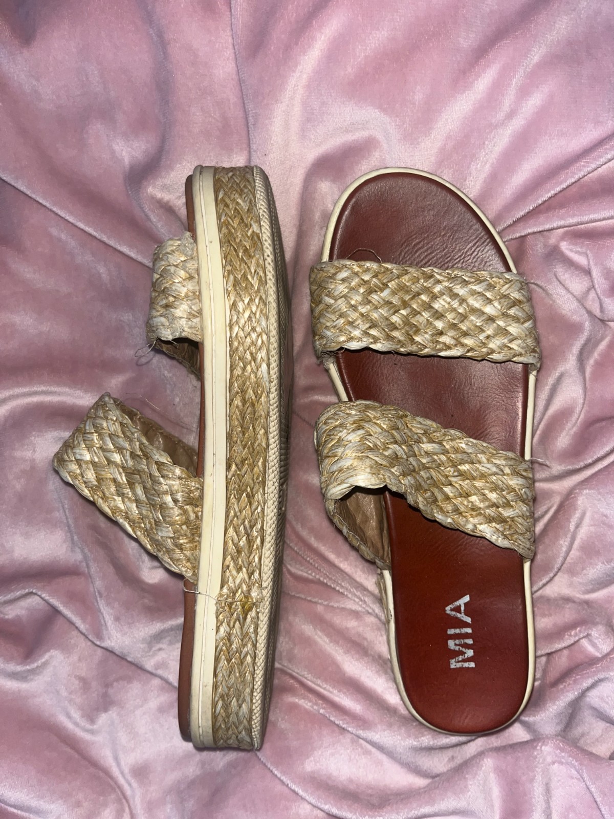 MIA Woven Slide Sandals Women’s Size 8.5 Natural Straw Double Strap Slip On Boho