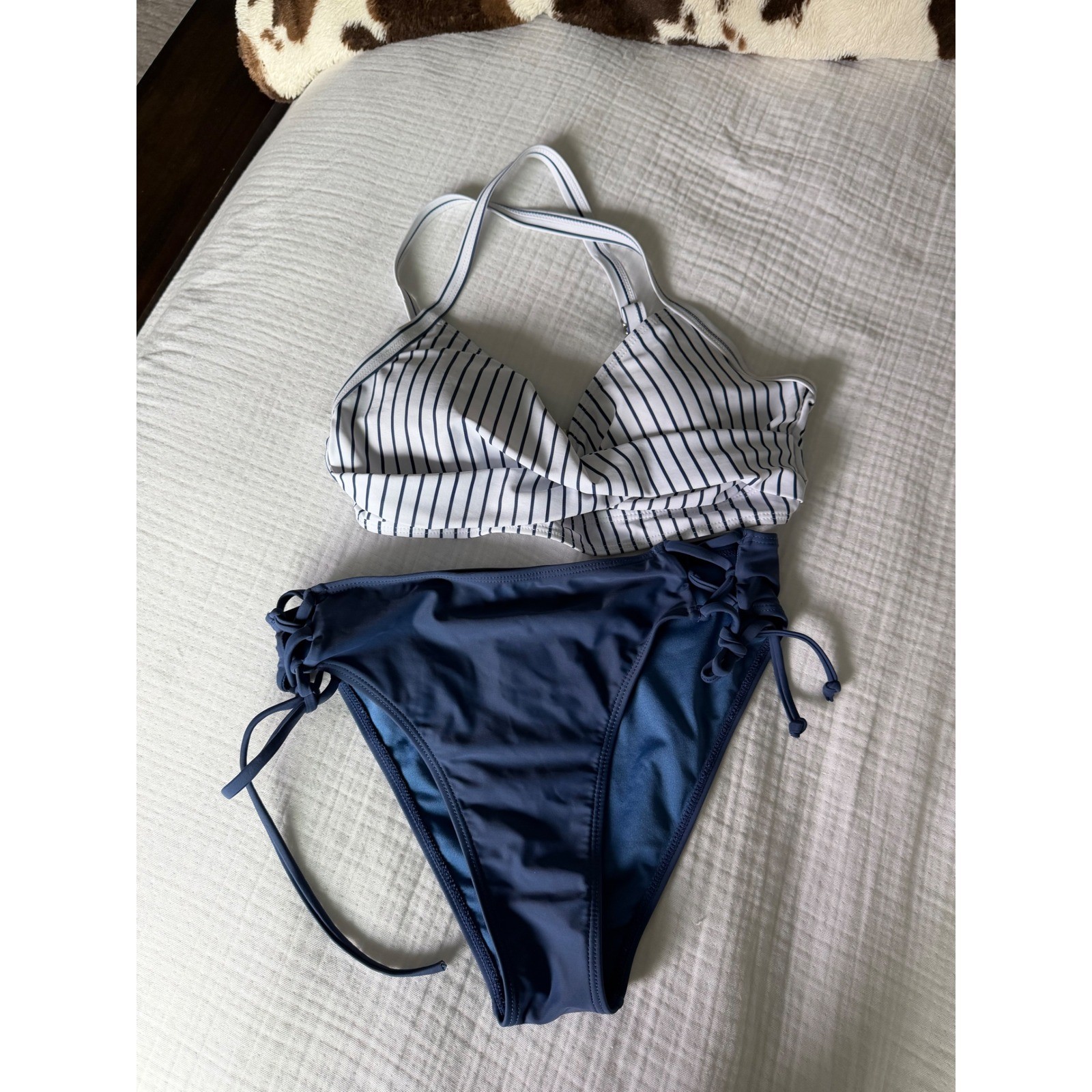 Blooming Jelly Womens Striped Wrap Bikini Set Blue White High Waisted Medium