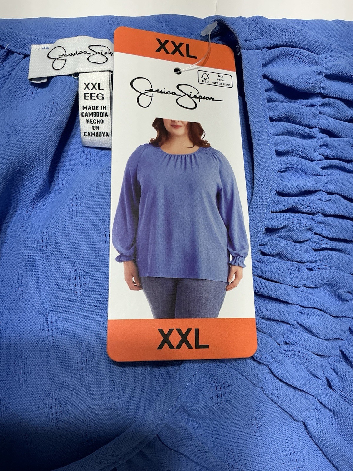 Jessica Simpson Blue Ruched Long Sleeve Round Neck Blouse Women’s XXL