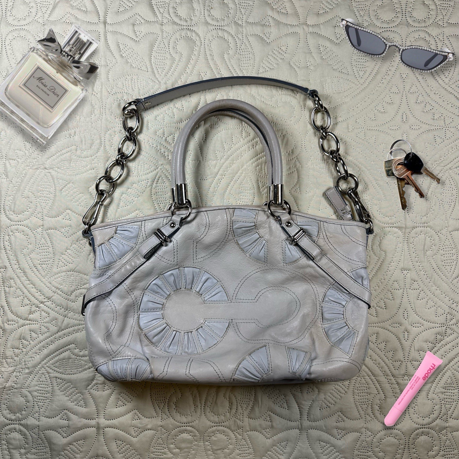 Coach Madison Sophia Leather Pleated C Hand Shoulder Bag Purse Chain Strap Grey