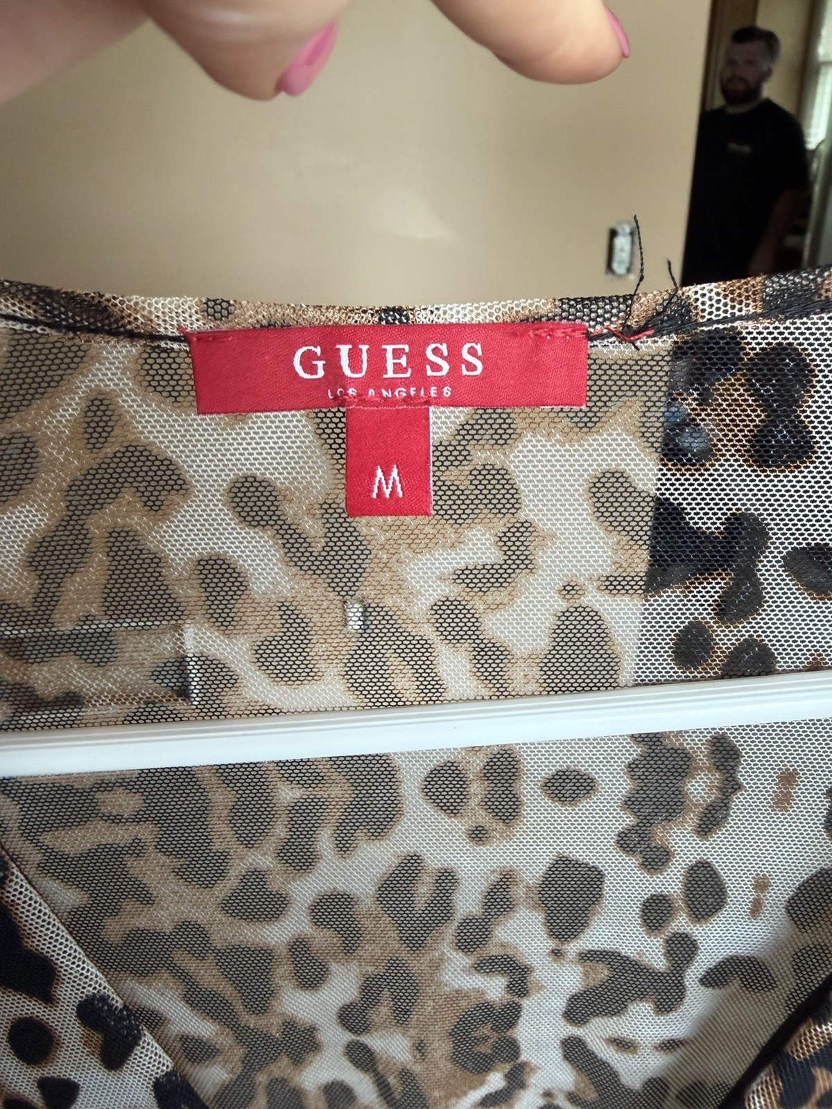 GUESS Womens Sheer Mesh Leopard Animal Print Pullover Top Brown Black M