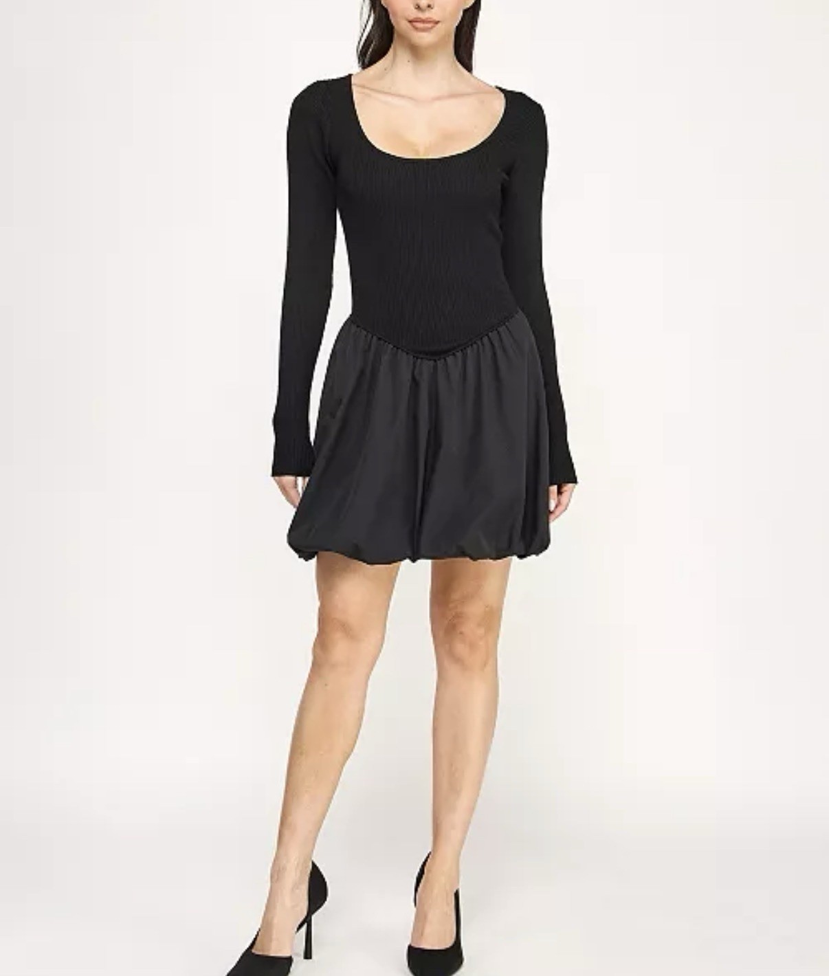 Rosie Harlow Black Ribbed Knit Mini Dress XXS Scoop Neck Long Sleeve Pullover