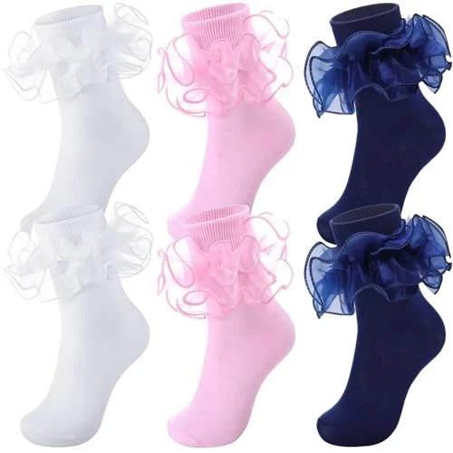 3 Pairs Women Big Ruffle Socks Turn Cuff, Double White, Pink, Navy Blue