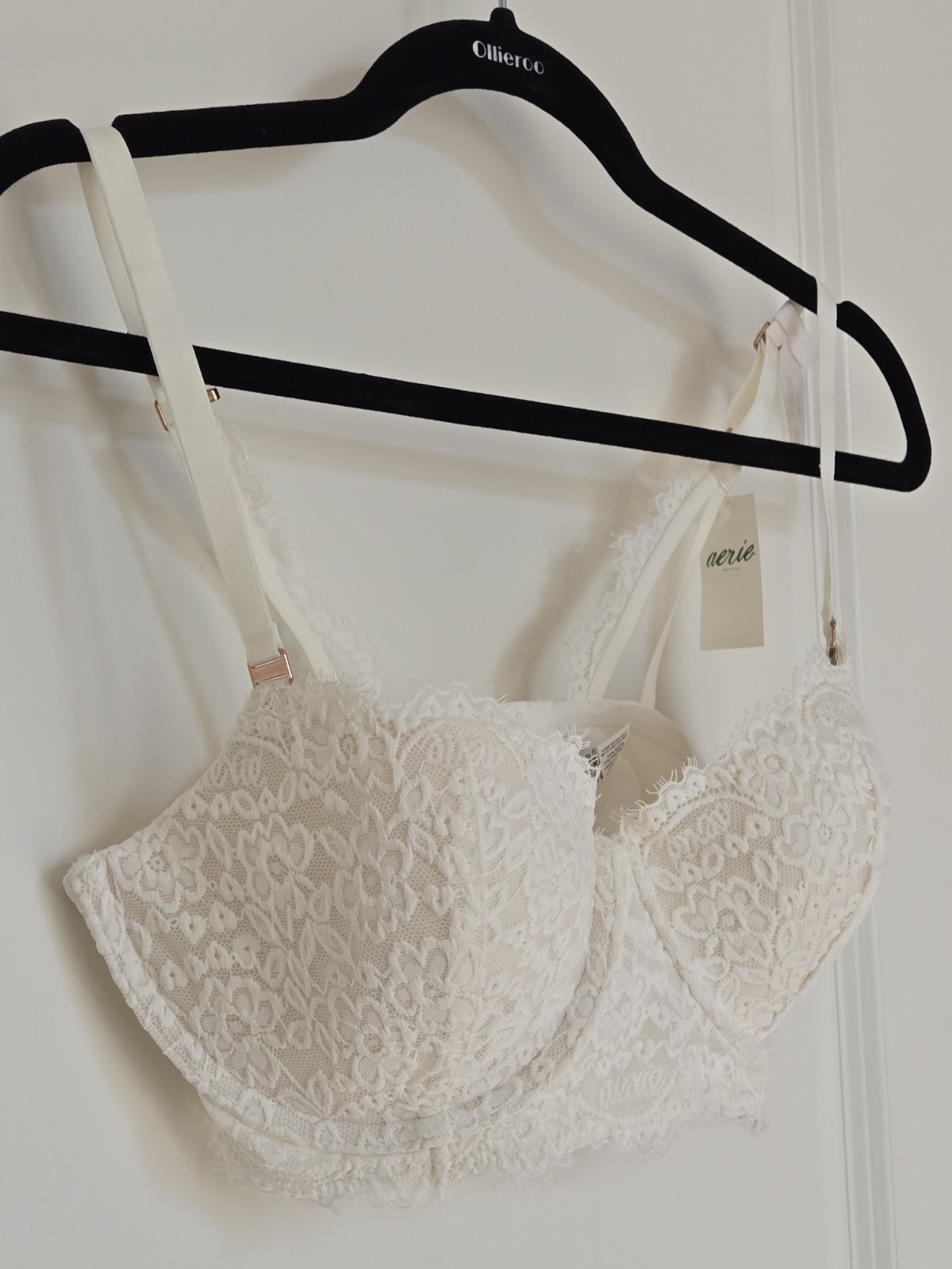 Aerie Real Power Balconette Lightly Lined Eyelash Lace Bra 32DD Off-White Cream