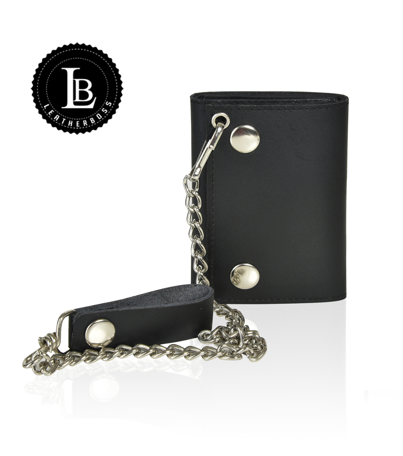 Leatherboss Genuine Leather Men’s Trifold Wallet with Chain Biker Trucker Black