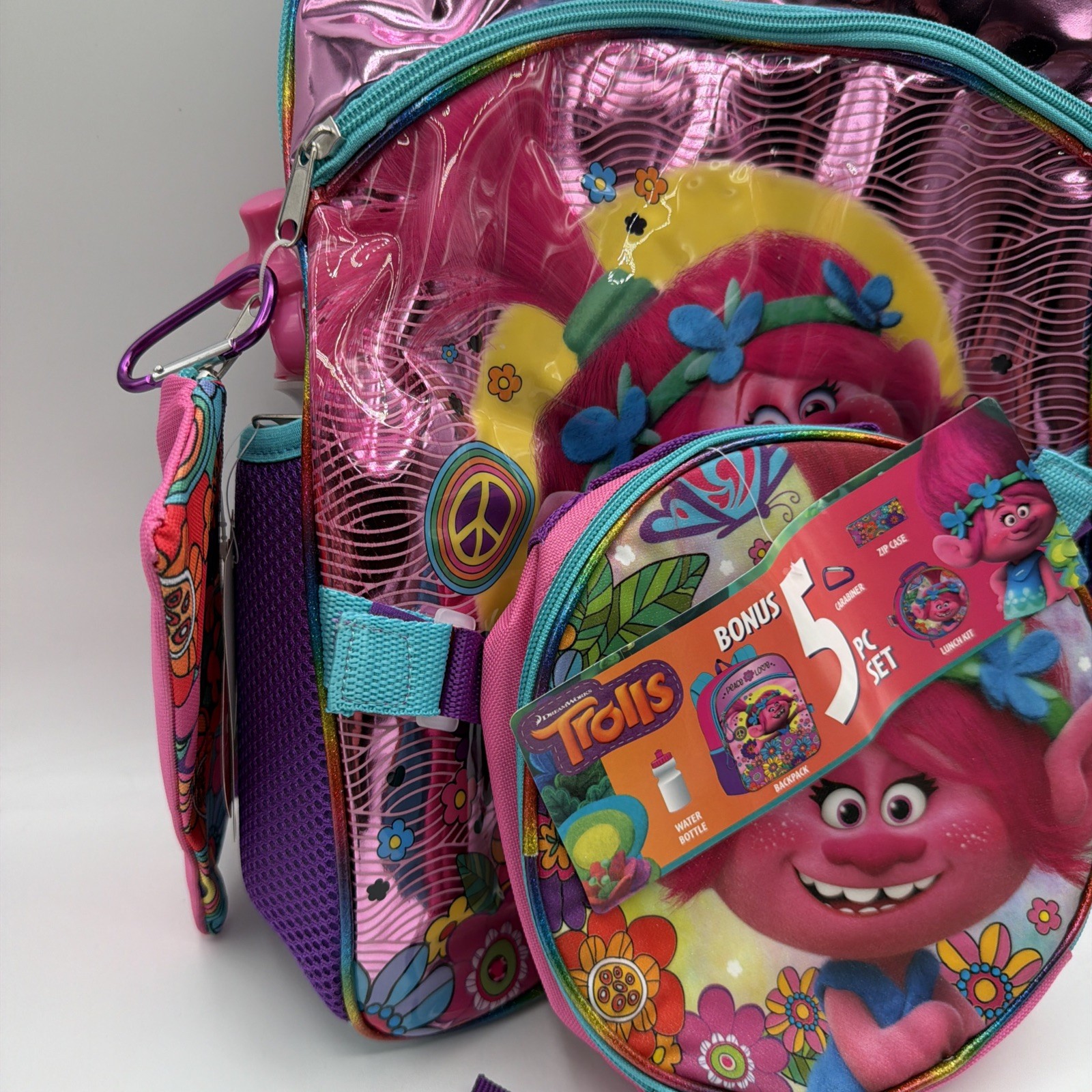 Trolls 5-Pc Backpack Set with Water Bottle, Lunch Bag, Pencil Case, Carabiner