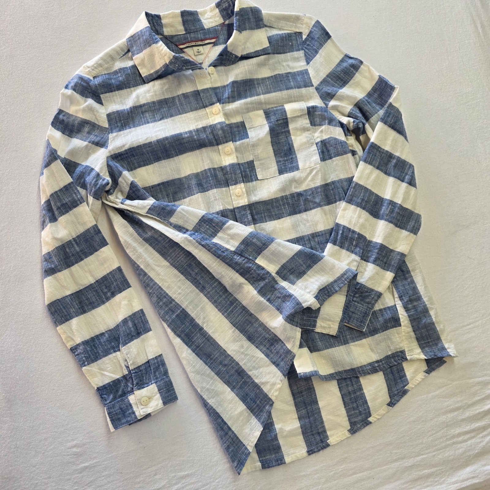 Tommy Hilfiger Costal 100% Cotton Long Sleeve Button-up Wide Stripe Sailor Sz M