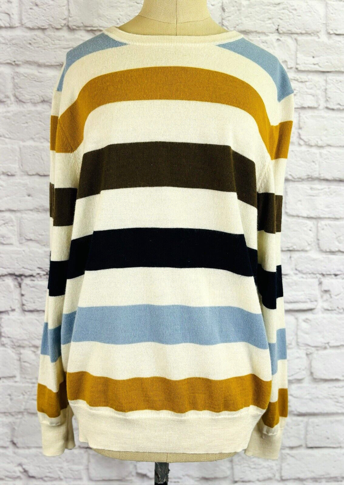 Club Room Men’s Sweater Merino Wool Blend Crew Neck Striped Pullover Cream XL